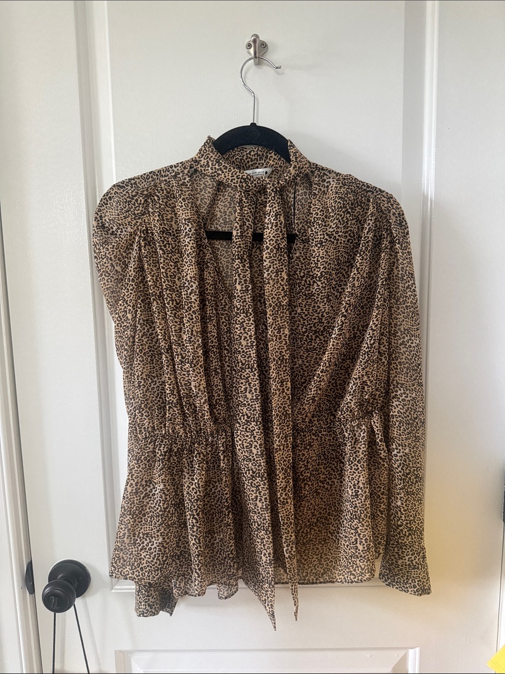 Zara Leopard Tie-Neck Blouse - Beige and Black